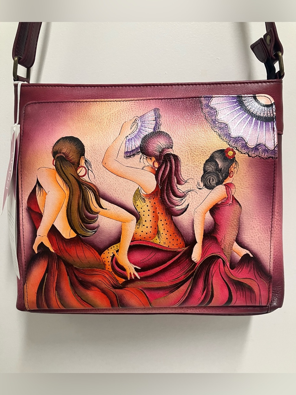 Anuschka Hand-Painted Burgundy and Pink Women’s Shoulder/Crossbody Bag NWT